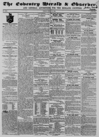 cover page of Coventry Herald published on June 18, 1852