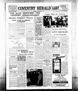 cover page of Coventry Herald published on September 17, 1938