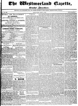 cover page of Westmorland Gazette published on May 4, 1822
