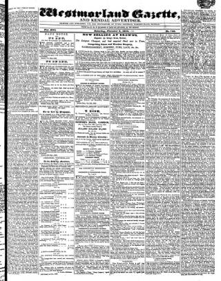 cover page of Westmorland Gazette published on November 2, 1833