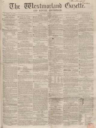 cover page of Westmorland Gazette published on August 2, 1856