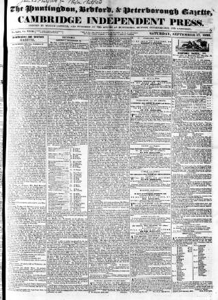 cover page of Huntingdon, Bedford & Peterborough Gazette published on September 17, 1836