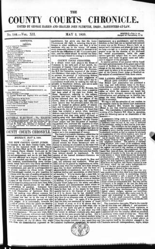 cover page of County Courts Chronicle published on May 2, 1859