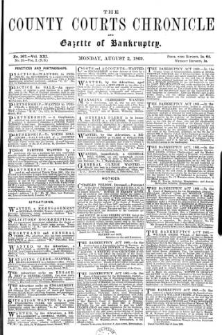 cover page of County Courts Chronicle published on August 2, 1869