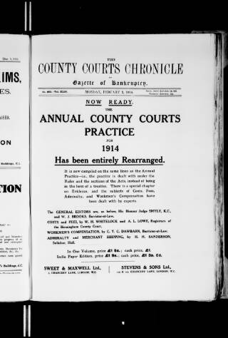 cover page of County Courts Chronicle published on February 2, 1914