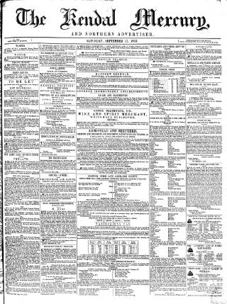 cover page of Kendal Mercury published on September 17, 1853