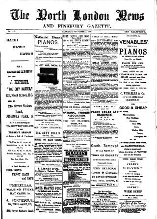 cover page of North London News published on November 2, 1889