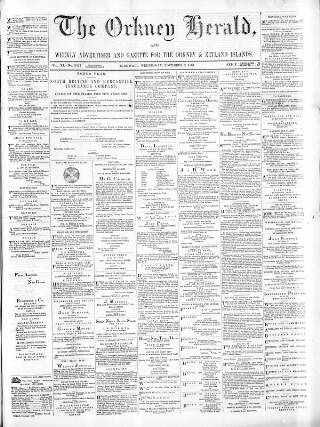 cover page of Orkney Herald, and Weekly Advertiser and Gazette for the Orkney & Zetland Islands published on November 2, 1870