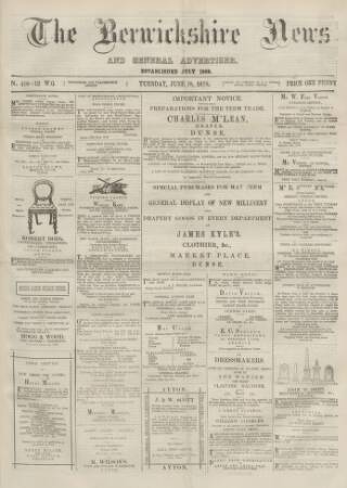 cover page of Berwickshire News and General Advertiser published on June 18, 1878