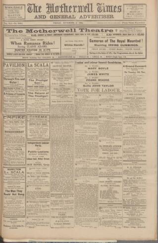 cover page of Motherwell Times published on November 2, 1923