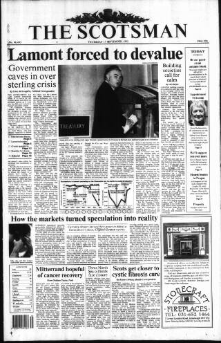 cover page of The Scotsman published on September 17, 1992