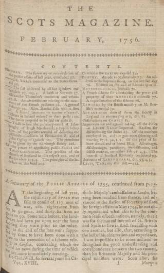 cover page of The Scots Magazine published on February 2, 1756