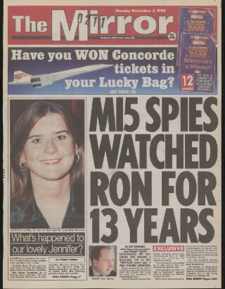 cover page of Daily Mirror published on November 2, 1998