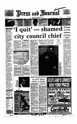 cover page of Aberdeen Press and Journal published on February 2, 1994
