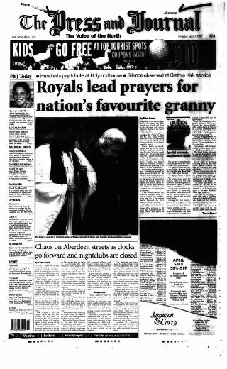 cover page of Aberdeen Press and Journal published on April 1, 2002