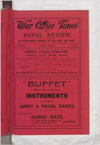 cover page of War Office Times and Naval Review published on August 15, 1913