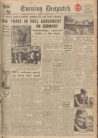 cover page of Evening Despatch published on August 2, 1945
