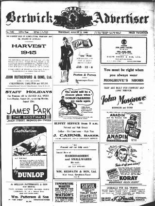 cover page of Berwick Advertiser published on August 2, 1945