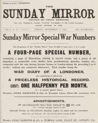 cover page of The Sunday Mirror published on September 6, 1914