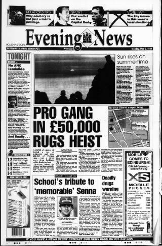 cover page of Edinburgh Evening News published on May 2, 1994