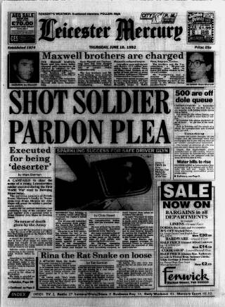 cover page of Leicester Daily Mercury published on June 18, 1992