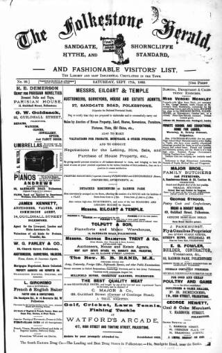 cover page of Folkestone, Hythe, Sandgate & Cheriton Herald published on September 17, 1892