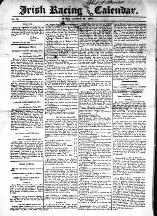 cover page of The Irish Racing Book and Sheet Calendar published on August 25, 1865