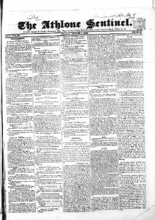 cover page of Athlone Sentinel published on August 2, 1839