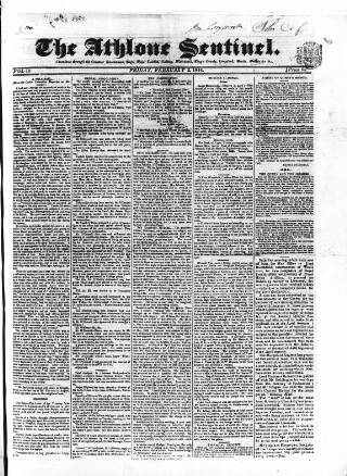 cover page of Athlone Sentinel published on February 2, 1844