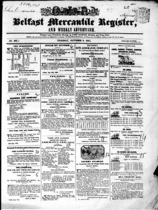 cover page of Belfast Mercantile Register and Weekly Advertiser published on October 5, 1841
