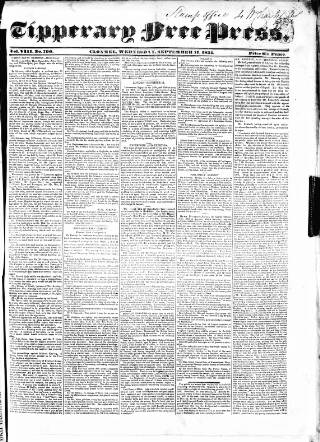 cover page of Tipperary Free Press published on September 17, 1834