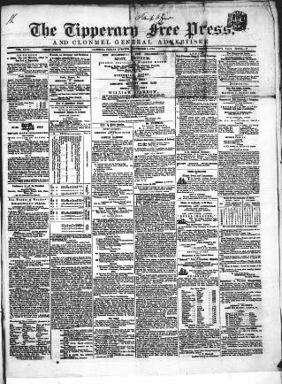 cover page of Tipperary Free Press published on November 2, 1855