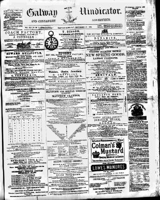 cover page of Galway Vindicator, and Connaught Advertiser published on September 17, 1881