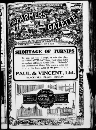 cover page of Farmer's Gazette and Journal of Practical Horticulture published on May 2, 1914