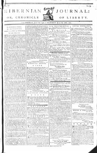 cover page of Hibernian Journal; or, Chronicle of Liberty published on June 18, 1781