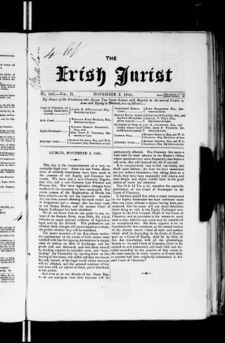 cover page of Irish Jurist published on November 2, 1850