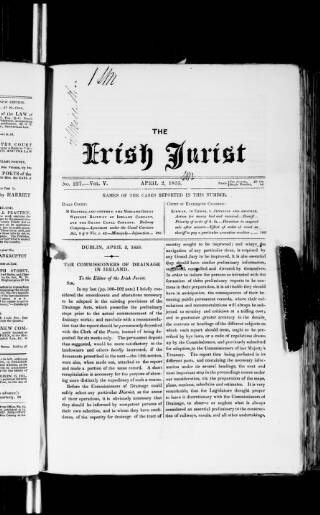 cover page of Irish Jurist published on March 19, 1853
