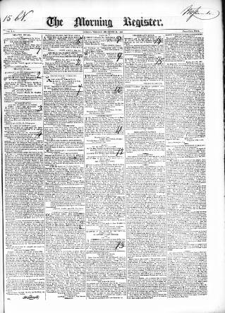 cover page of Dublin Morning Register published on December 15, 1840