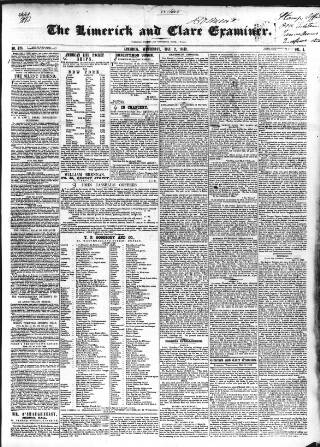 cover page of Limerick and Clare Examiner published on May 2, 1849