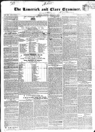cover page of Limerick and Clare Examiner published on February 2, 1850