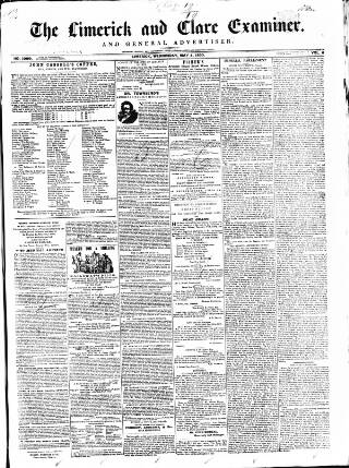 cover page of Limerick and Clare Examiner published on May 4, 1853