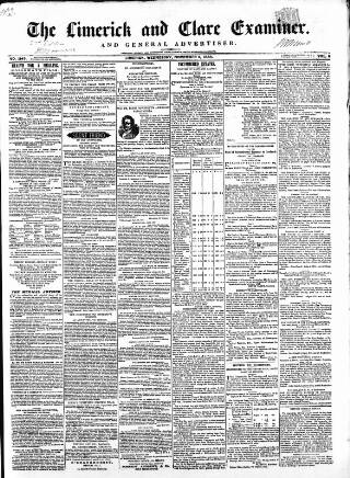 cover page of Limerick and Clare Examiner published on November 2, 1853
