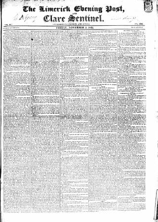 cover page of Limerick Evening Post published on November 2, 1832