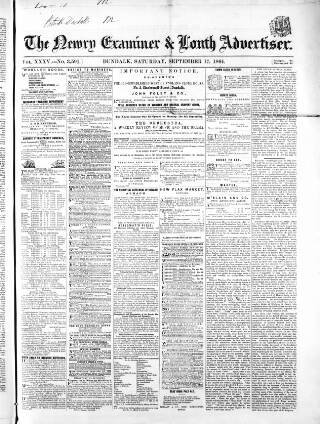 cover page of Newry Examiner and Louth Advertiser published on September 17, 1864