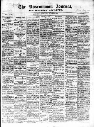 cover page of Roscommon Journal, and Western Impartial Reporter published on August 2, 1862