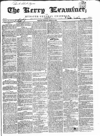 cover page of Kerry Examiner and Munster General Observer published on June 18, 1841