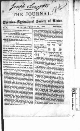 cover page of Journal of the Chemico-Agricultural Society of Ulster published on February 2, 1852