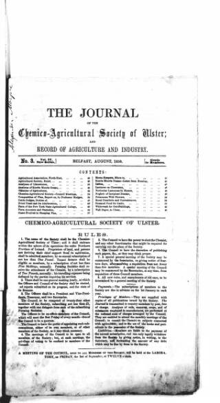 cover page of Journal of the Chemico-Agricultural Society of Ulster published on August 2, 1858