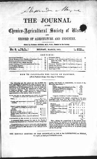 cover page of Journal of the Chemico-Agricultural Society of Ulster published on March 4, 1861