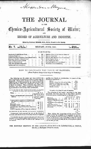 cover page of Journal of the Chemico-Agricultural Society of Ulster published on June 3, 1861